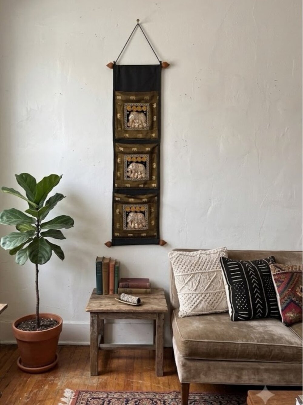Vintage Sequin Elephant Thailand Wall Hanging Organizer Storage Decor Boho Black